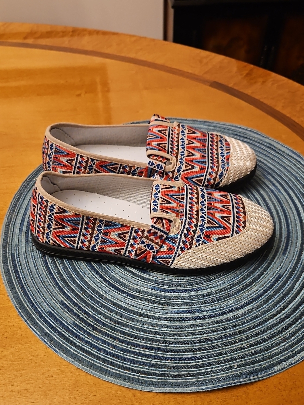 Aztec-Pattern Slip-On Flats in Red, Blue & Cream